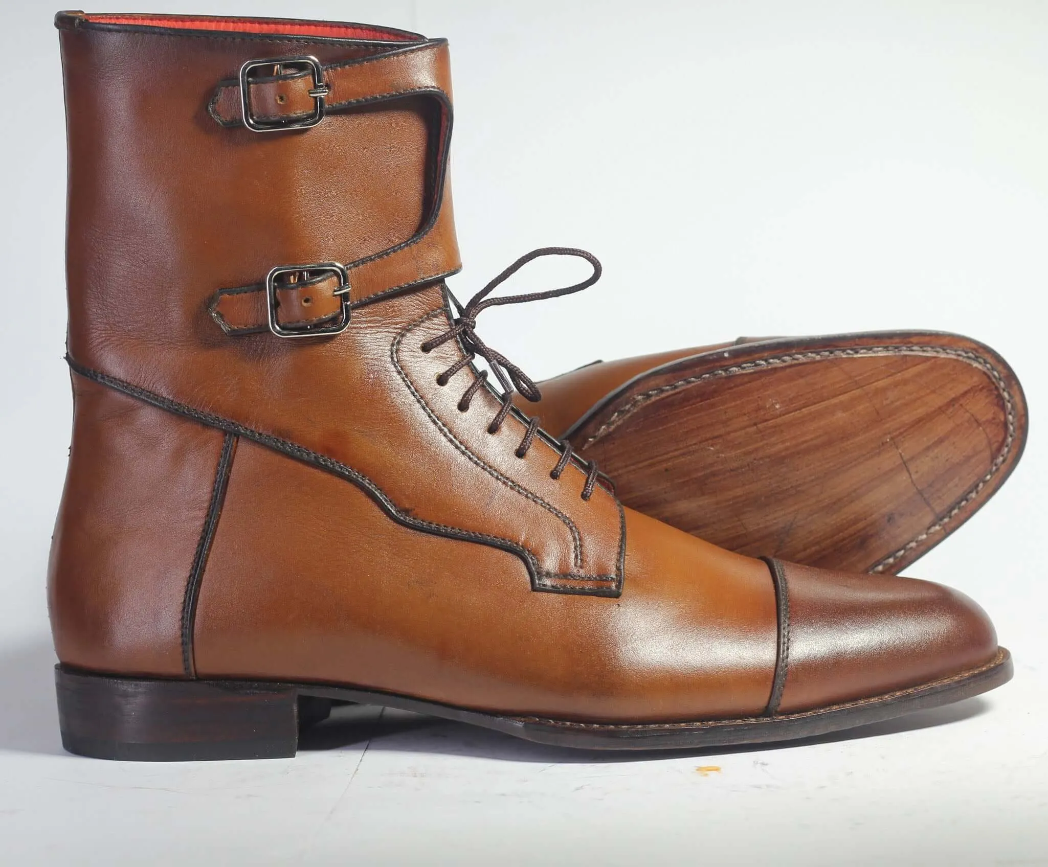 Bespoke Brown Leather Ankle High Monk Strap Lace Up Boots