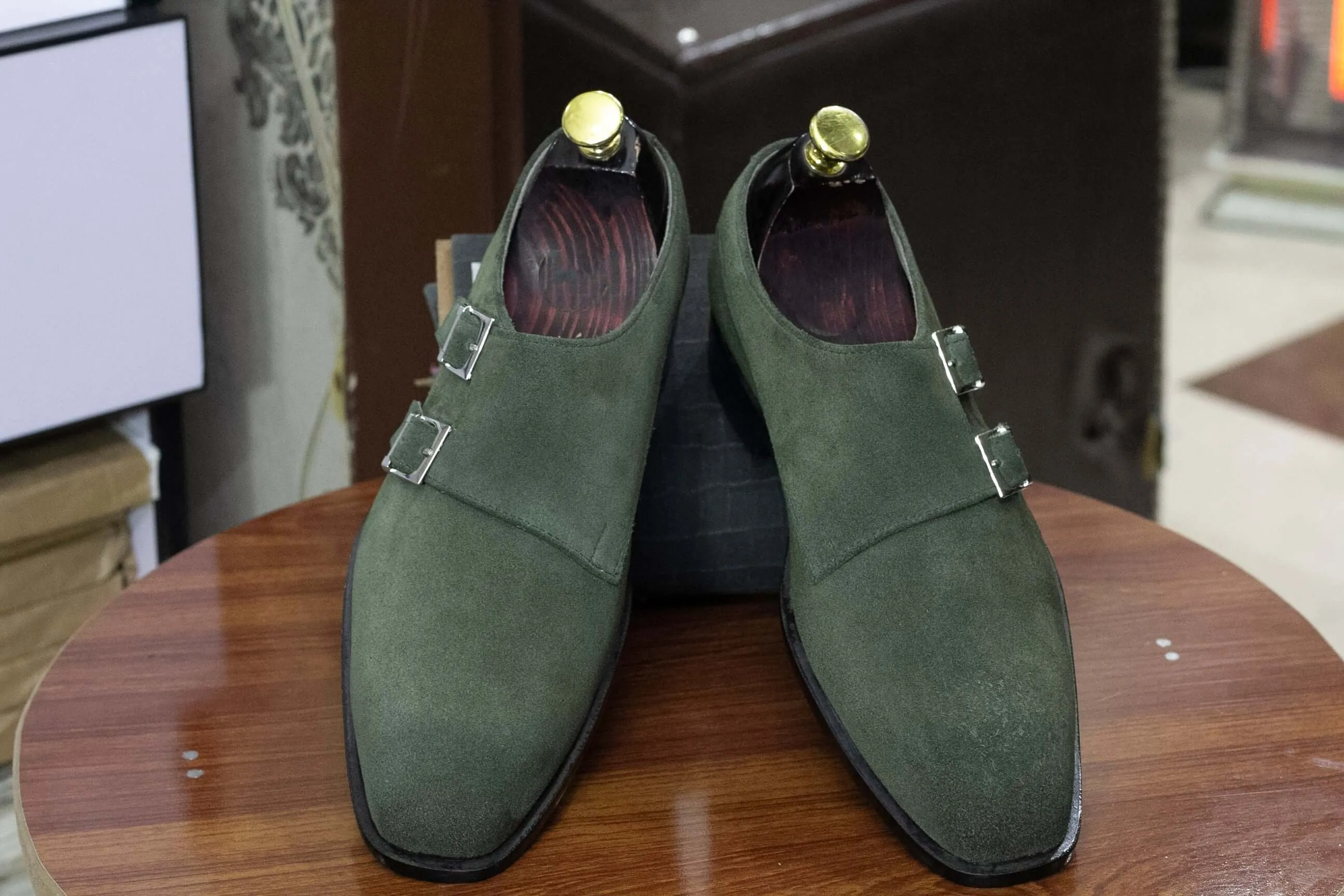 Handmade Olive Green Double Monk Suede Men's Slip On Shoes