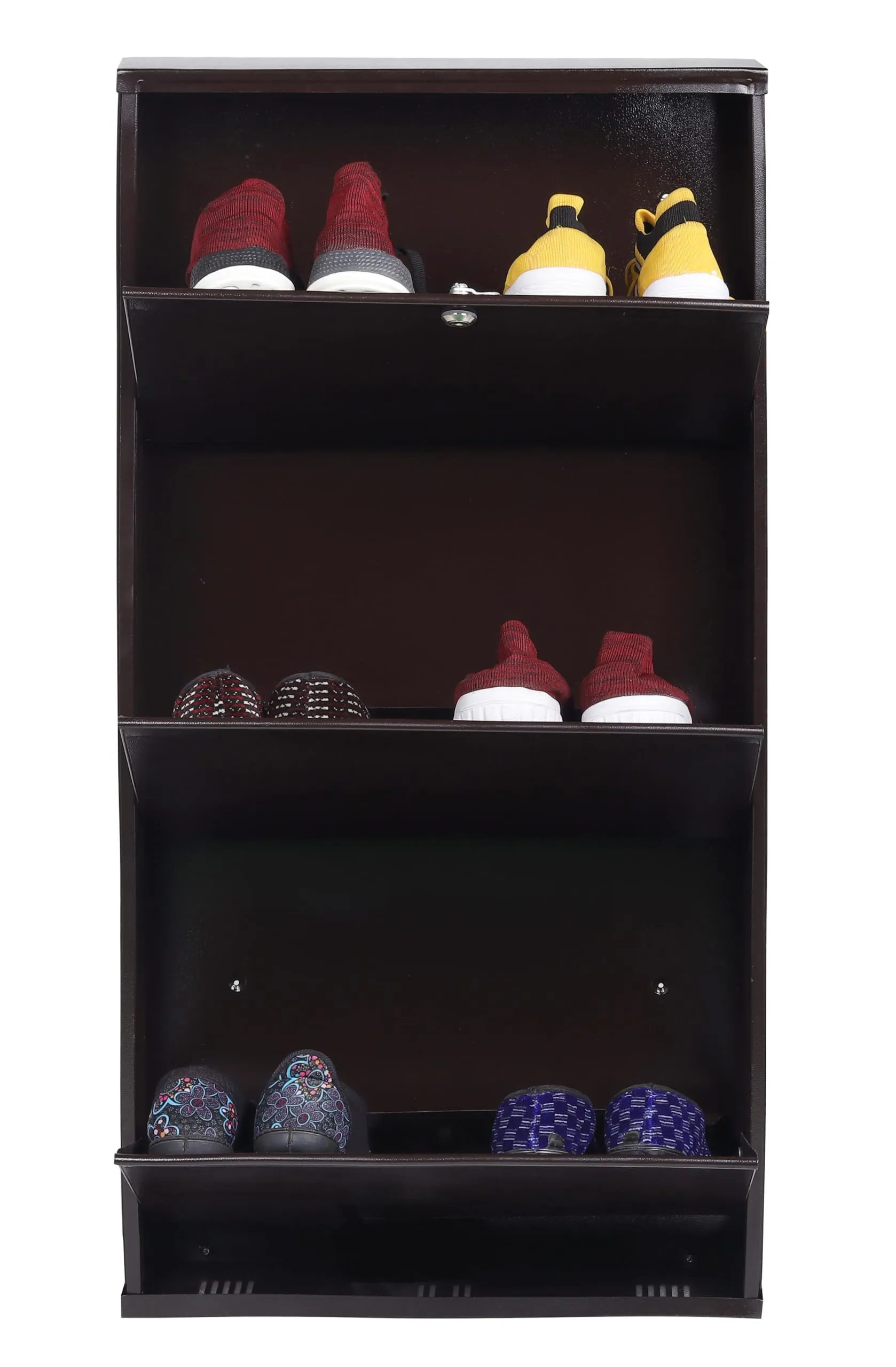 JAIMINI 3-Tier Wall Mounted Shoe Rack with Lock, Stores 6 Pairs, Brown