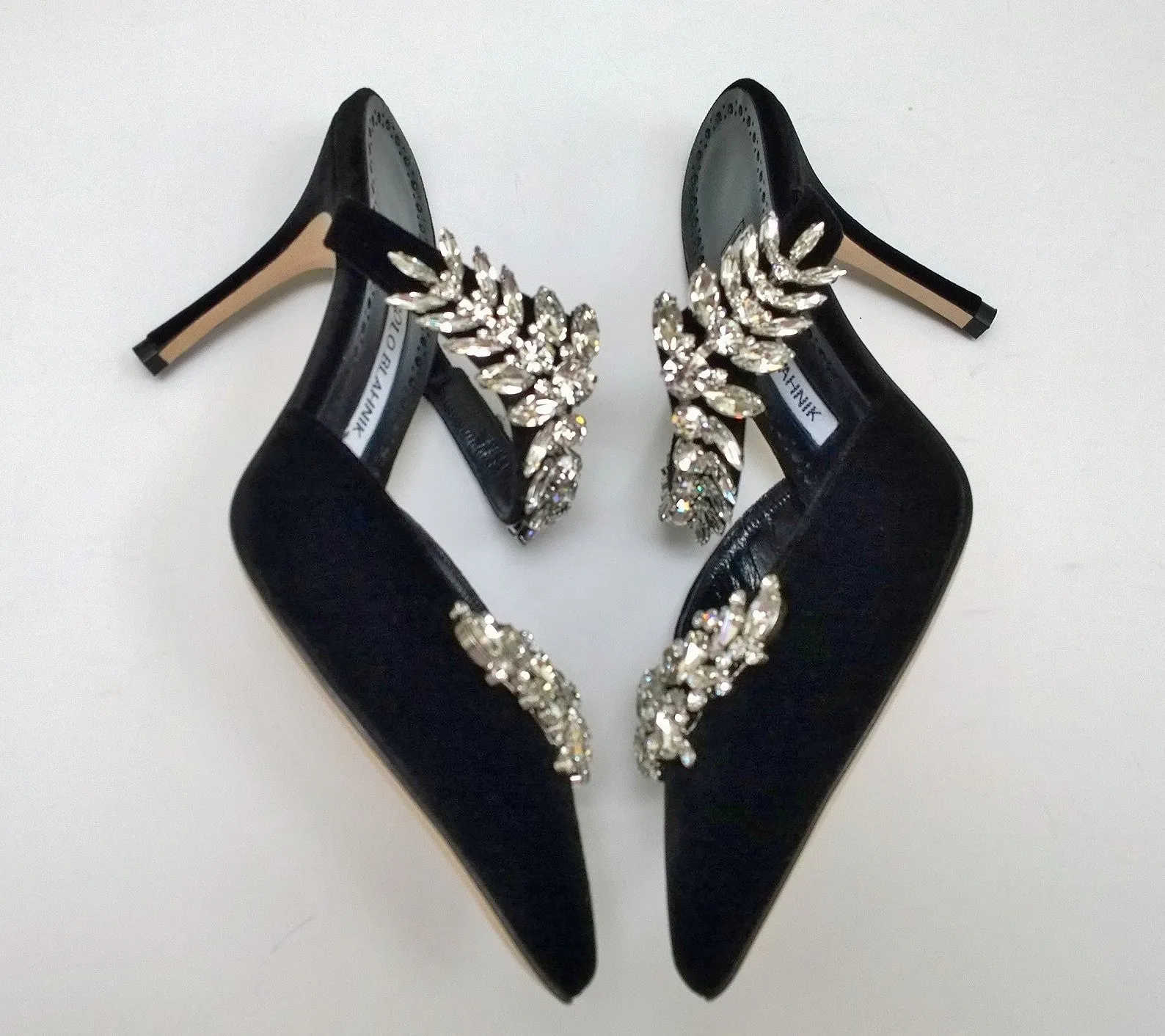 Manolo Blahnik Lurum 90 Black Velvet Rhinestone Mules Heels