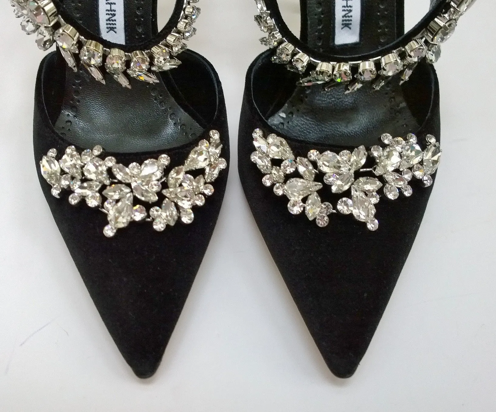 Manolo Blahnik Lurum 90 Black Velvet Rhinestone Mules Heels