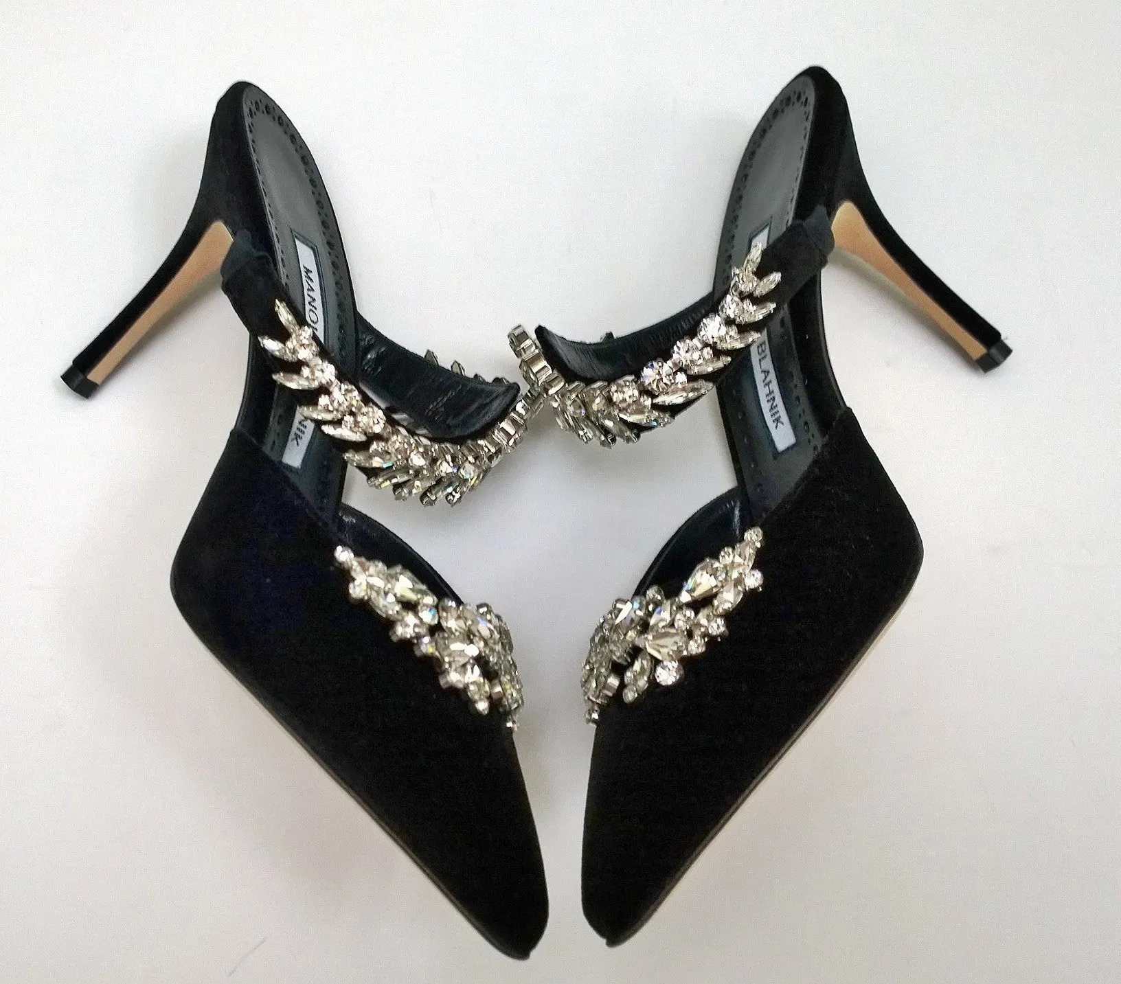 Manolo Blahnik Lurum 90 Black Velvet Rhinestone Mules Heels