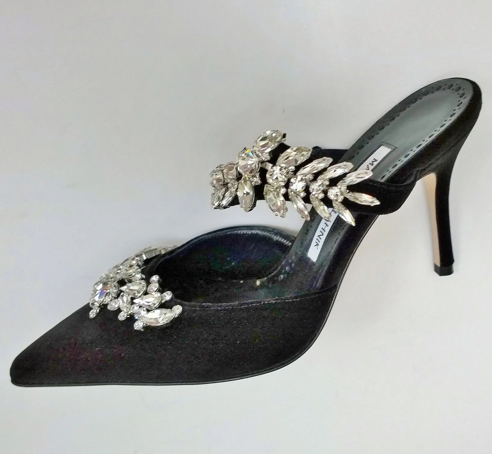 Manolo Blahnik Lurum 90 Black Velvet Rhinestone Mules Heels