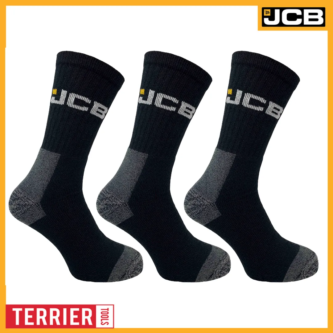 Men's Black Work Socks | JCB Workwear Range | 3 Pairs | U.K. Size 6-11