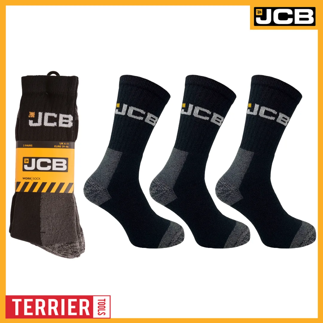 Men's Black Work Socks | JCB Workwear Range | 3 Pairs | U.K. Size 6-11