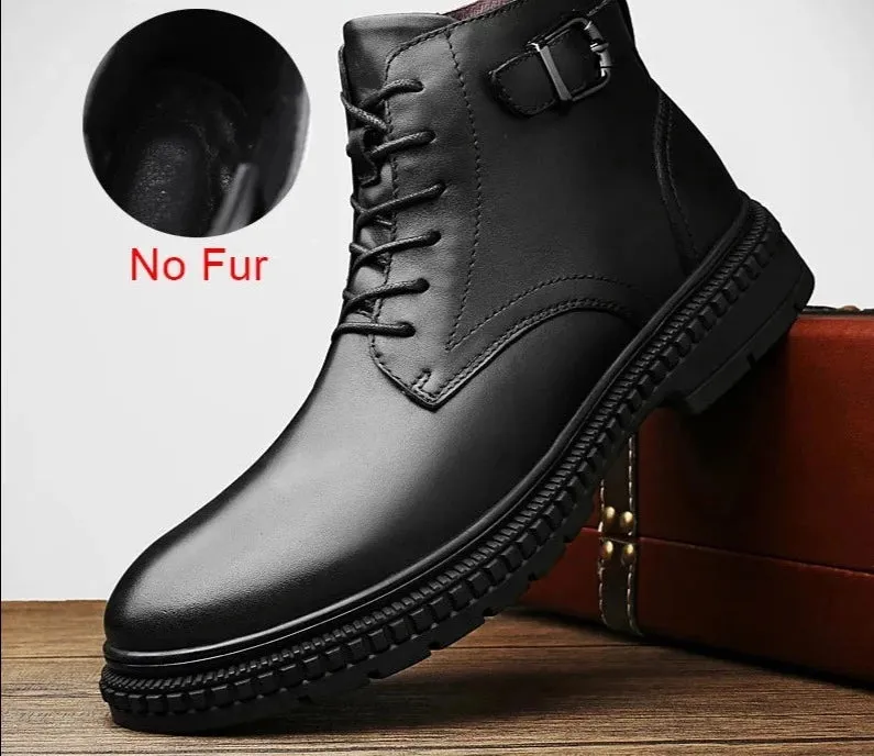 Winter Boots Men Warm Fur Plush Snow Boots Comfy Leather Outdoor Anti-Skid Durable Outsole Autumn Men Boots